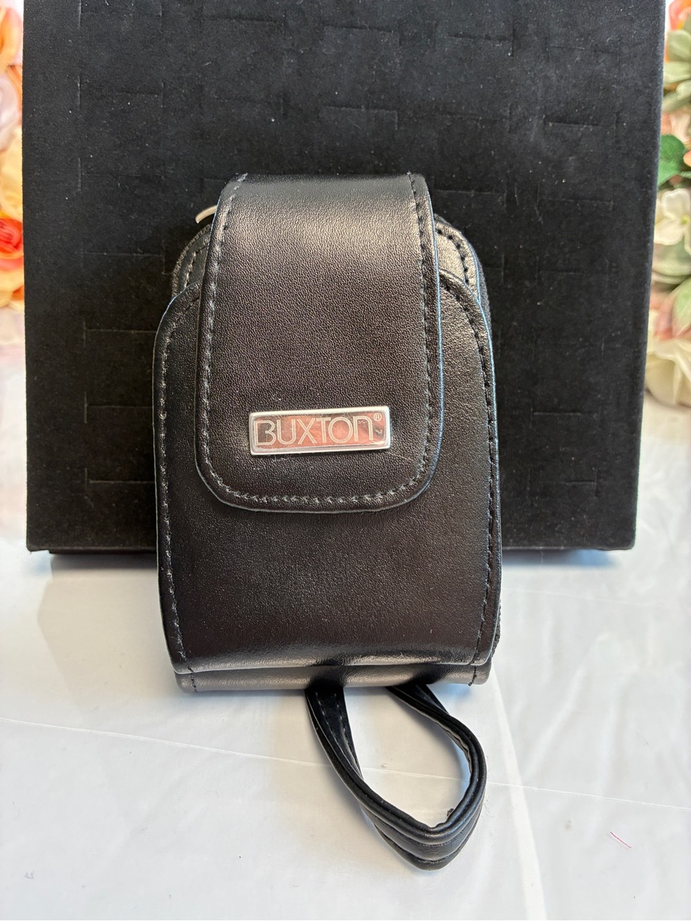 Buxton Cell Phone Wallet BX131124 Genuine Leather Wristlet Belt Bag Black Mini
